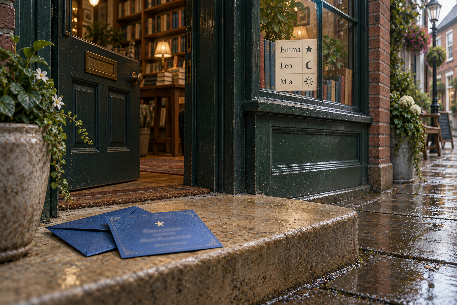 The bookshop entrance in The Missing Invitation